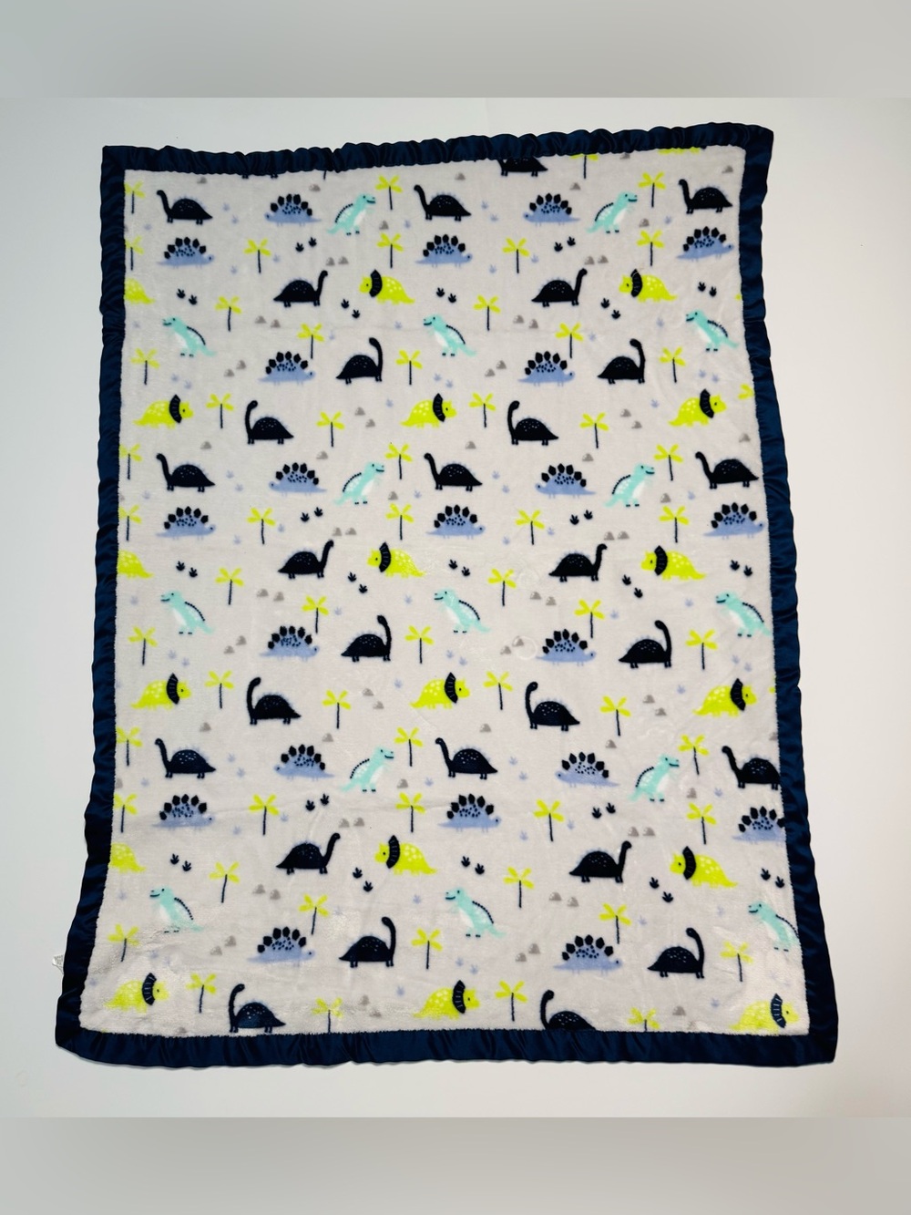 Parents Choice Dinosaur Baby Blanket Green Blue Minky Dot Satin Trim Security